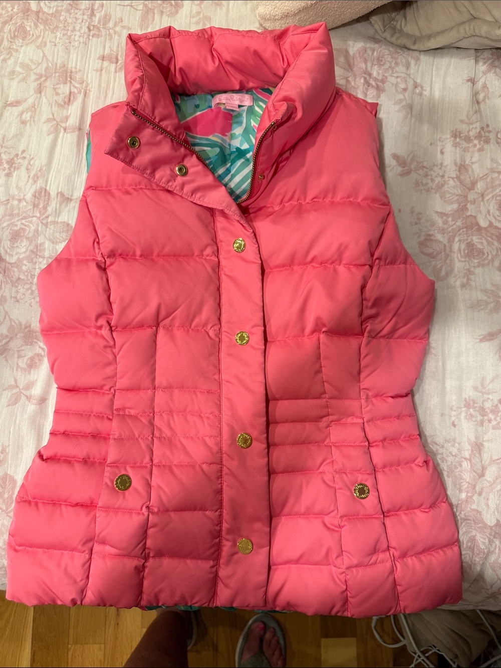 Lilly Pulitzer Pink Quilted Puffer Vest with Gold Buttons